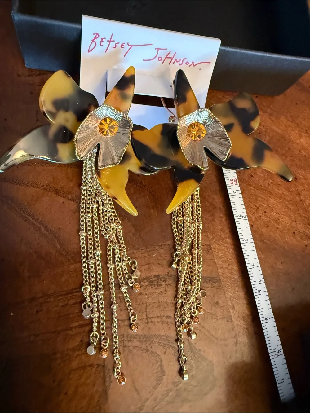 Betsey Johnson Tortoiseshell Amber Floral Drop Earrings with Gold Chains